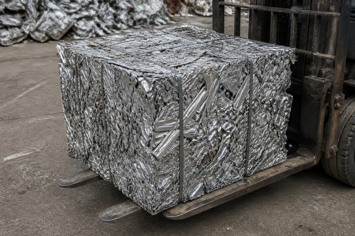 Strapped bale of compressed aluminum scrap on forklift tines